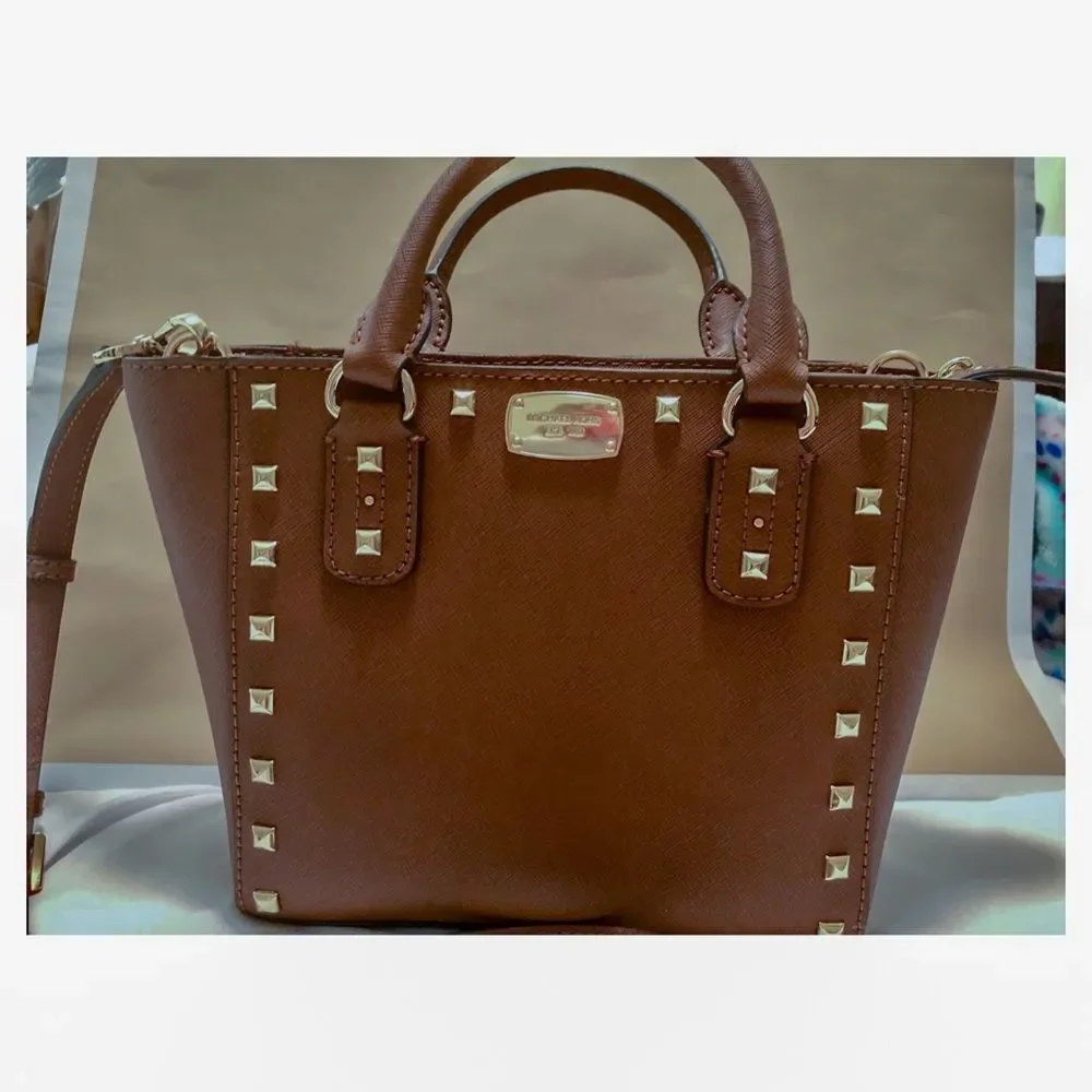 Michael Kors Sandrine Brown Leather Gold Studs CrossBody Satchel Purse Like New - Picture 2 of 7